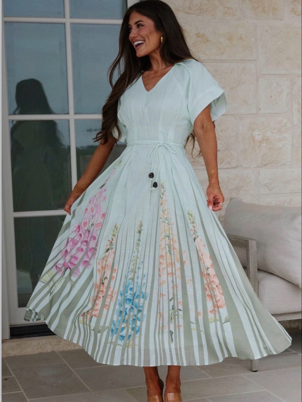 Mint Floral Pleated Midi Dress