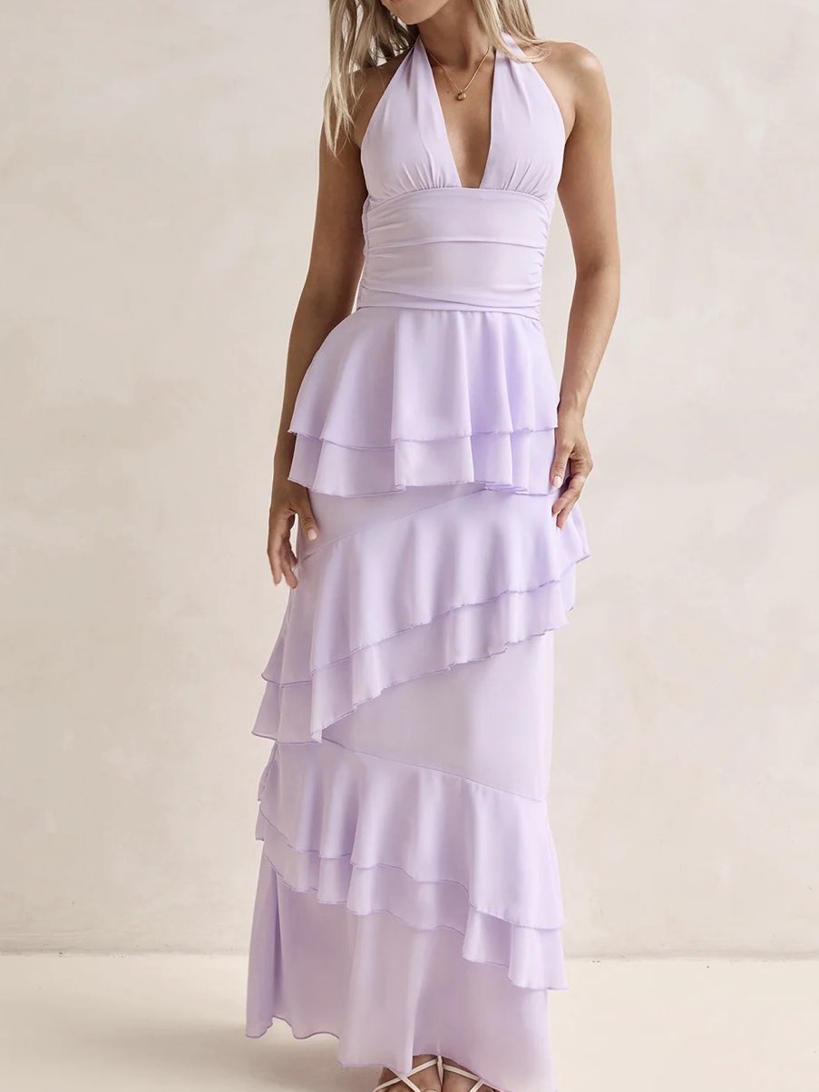Lavender Halter Tiered Maxi Dress