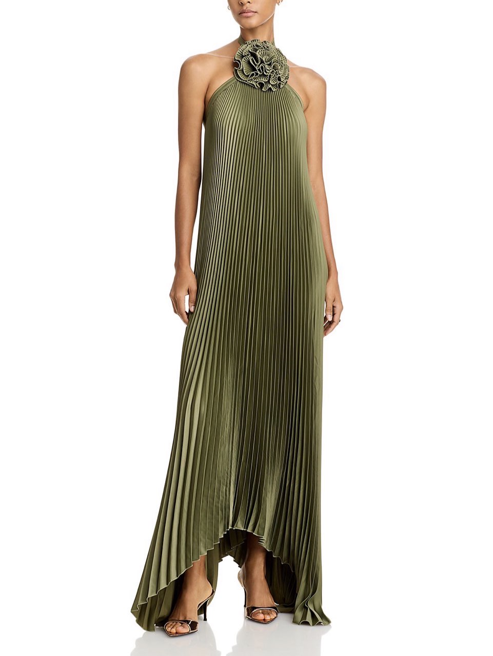 Olive Green Pleated Halter Maxi Dress