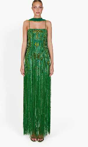 Emerald Green Sequin Fringe Maxi Dress