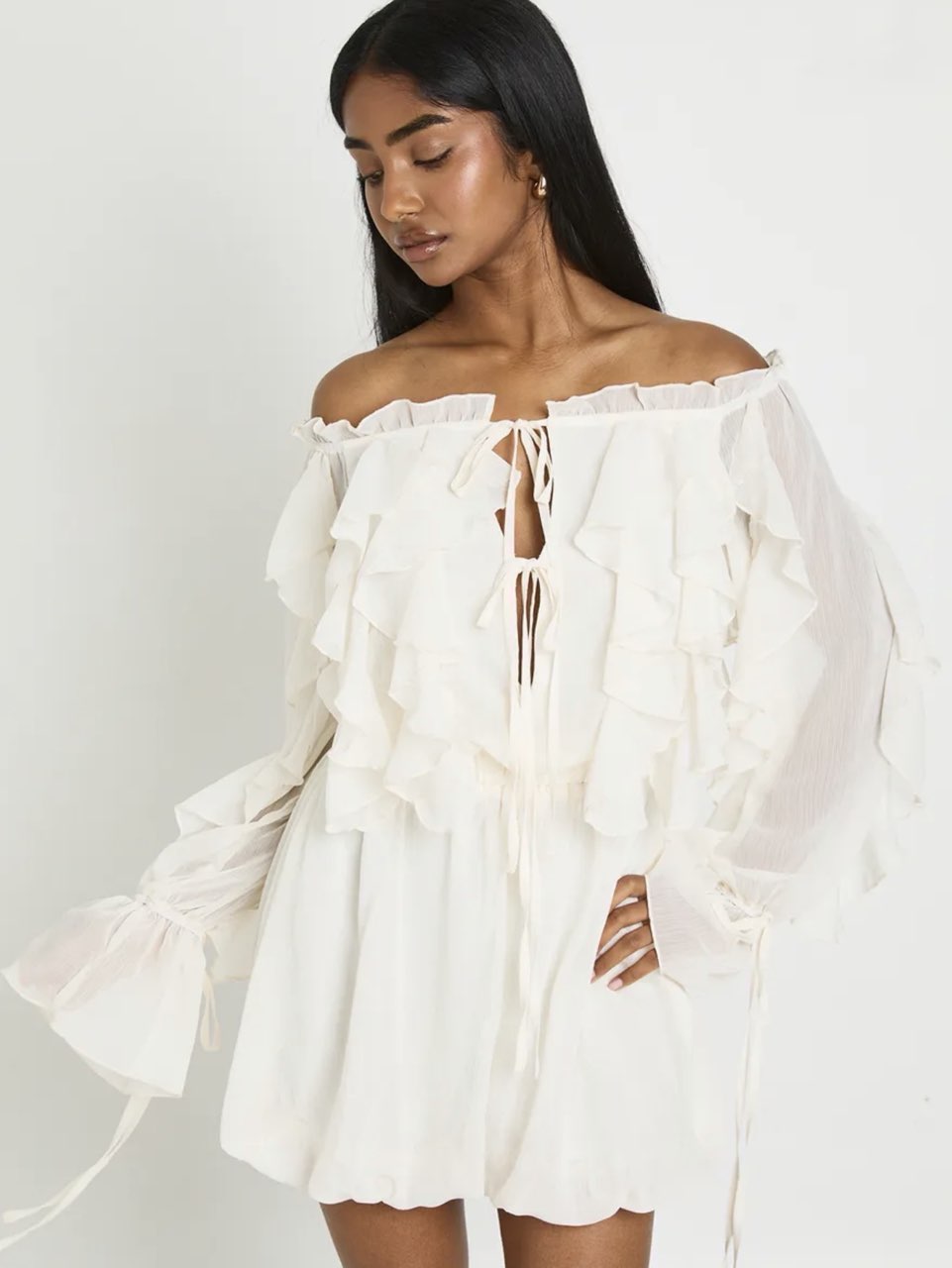 Bardot Ruffle Detail Textured Chiffon Playsuit