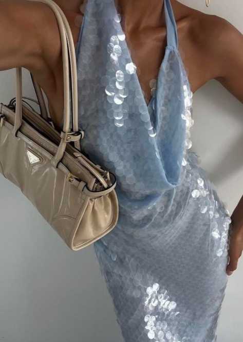 Light Blue Sequin Halter Cowl Neck Top