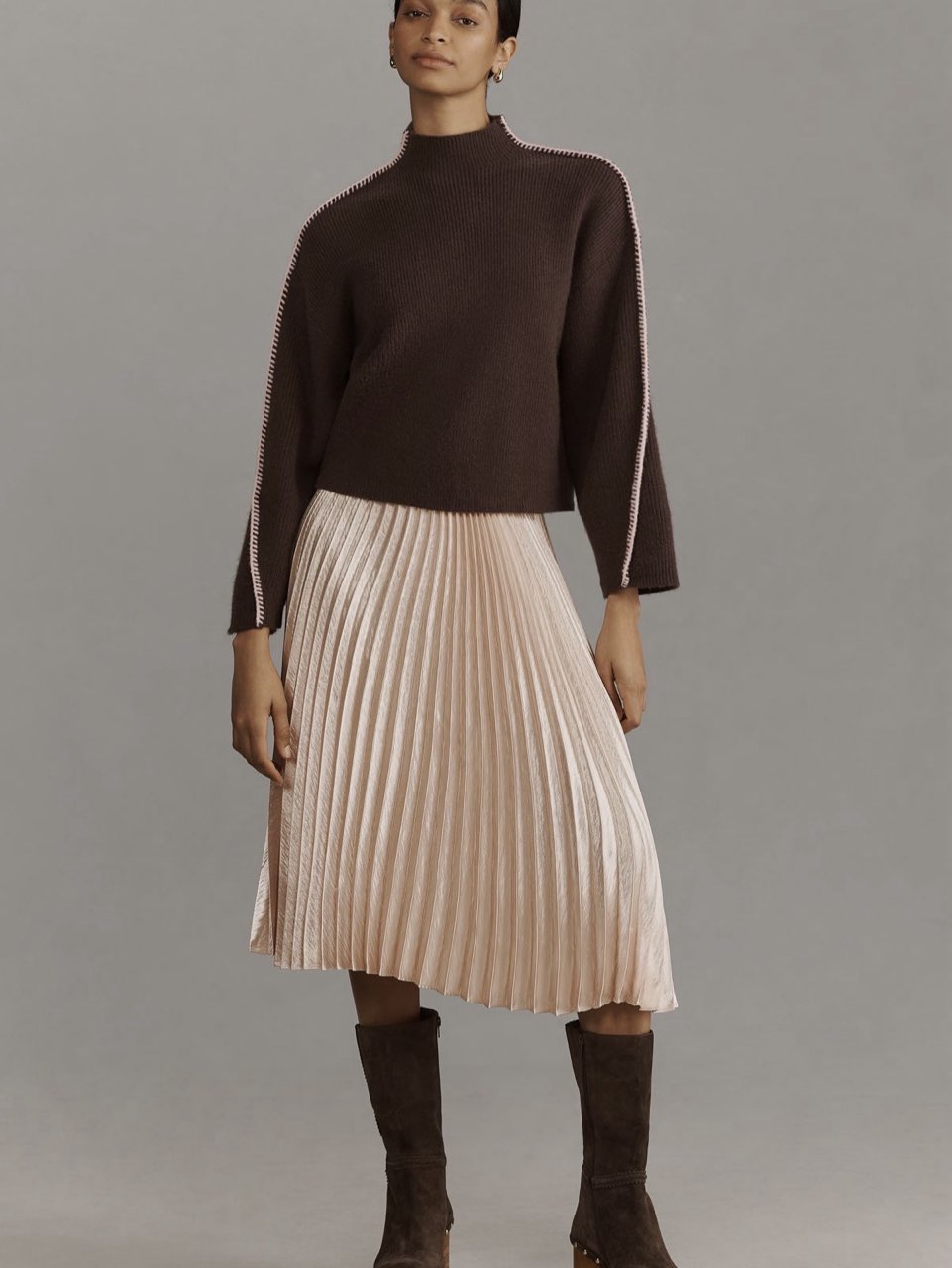 Brown Mock-Neck Sweater with Pink Stitching