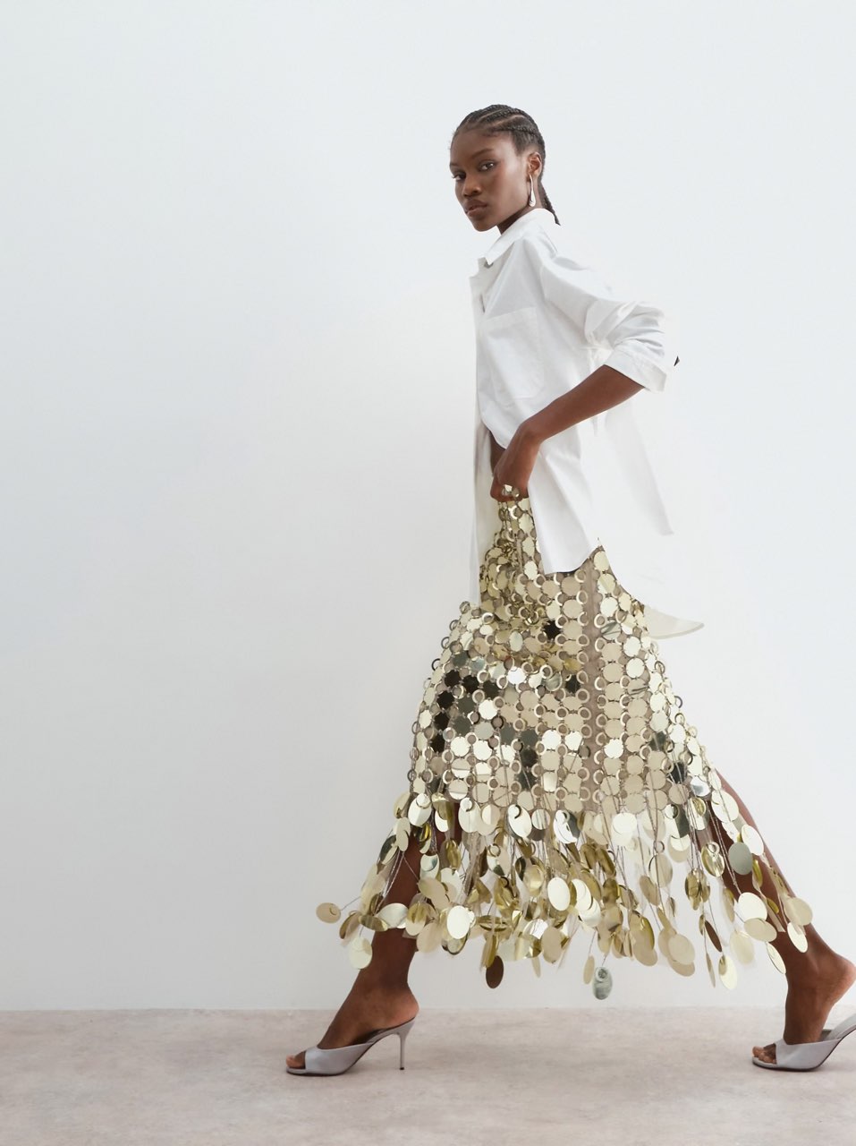 ARRANGE futurist sequin fringe hem midi skirt in gold