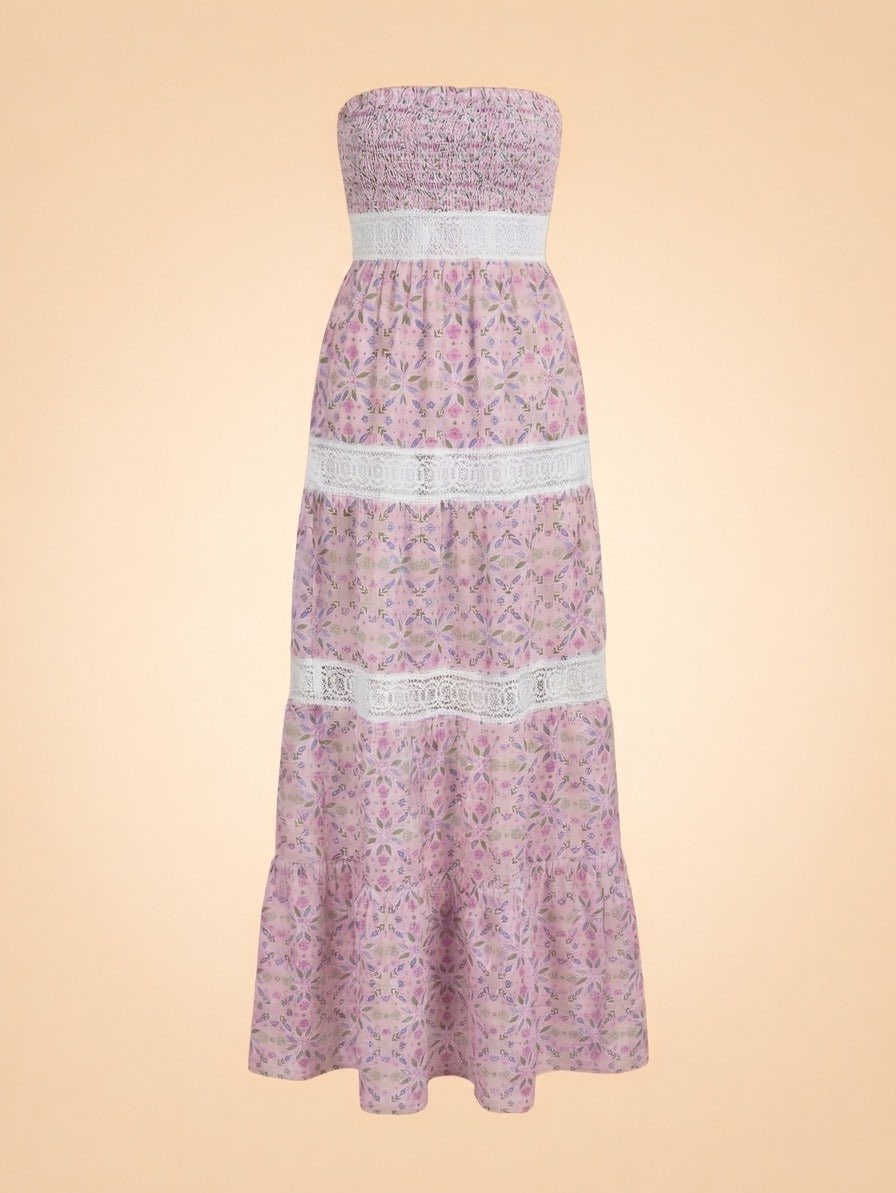 Pink Floral Strapless Maxi Dress
