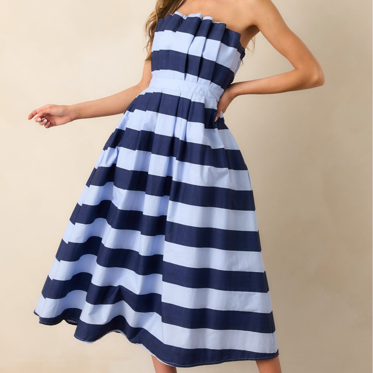 Navy and Light Blue Striped Strapless Midi Dress