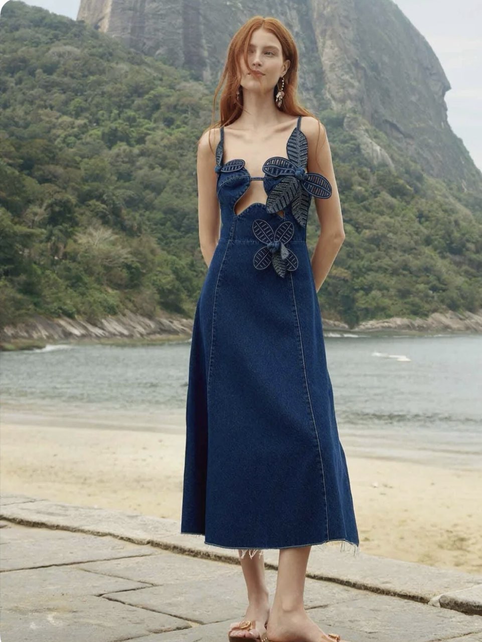 Farm Rio Denim Cutout Midi Dress with Leaf Appliques
