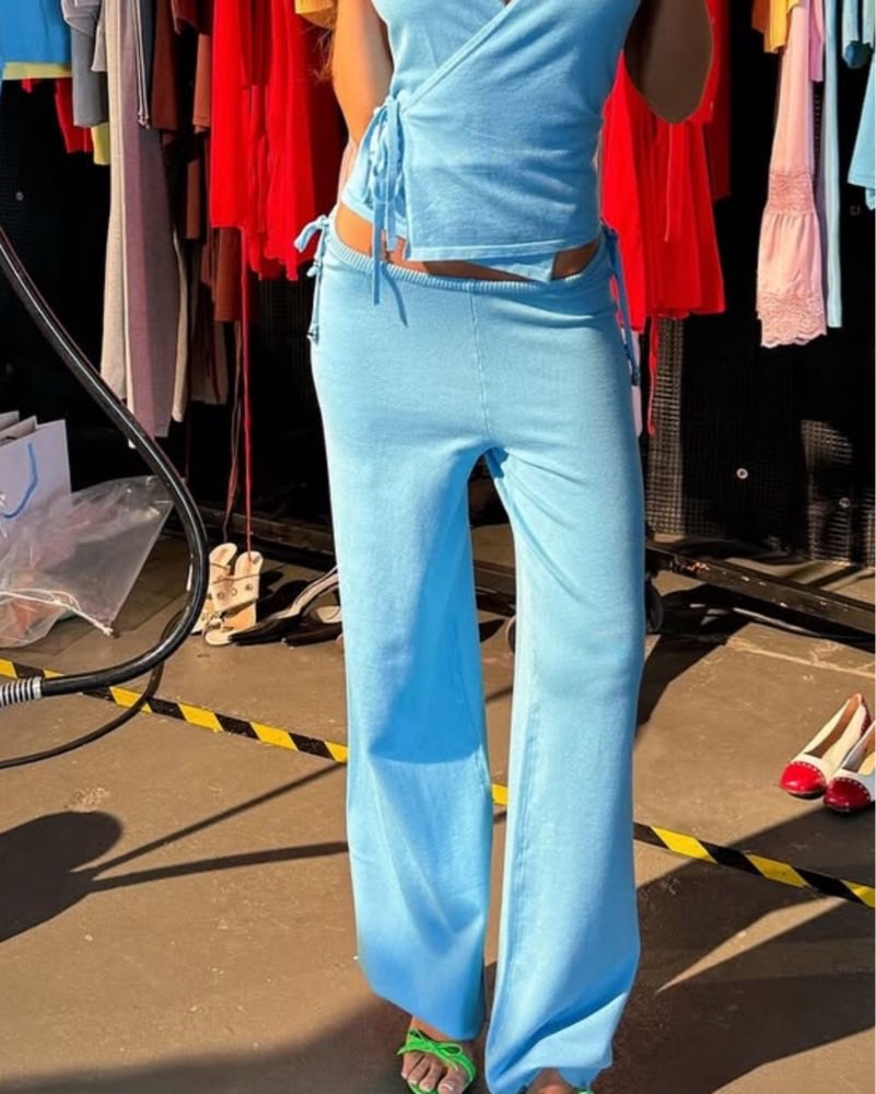 Light Blue Knit Wrap Top and Wide-Leg Pants Set