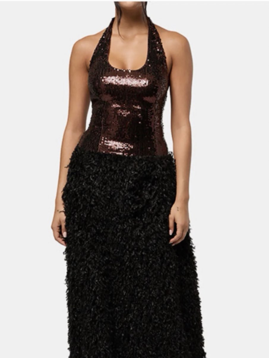 Bronze Sequin Halter Shaggy Maxi Dress