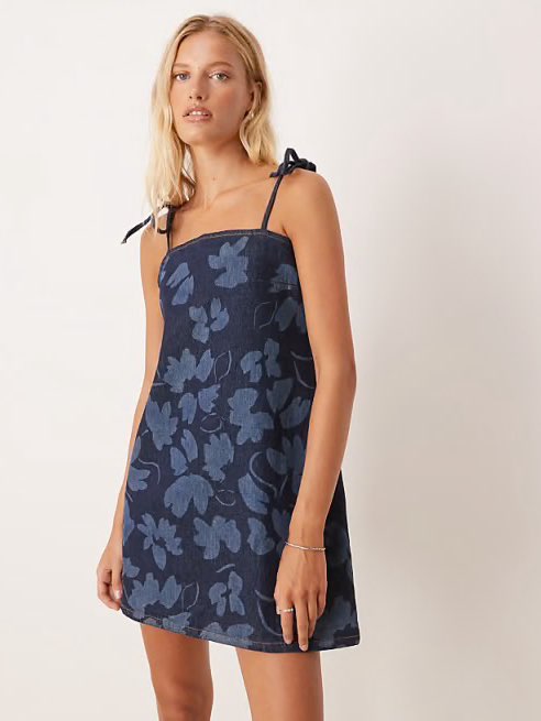 Navy Floral Tie-Strap Mini Denim Dress
