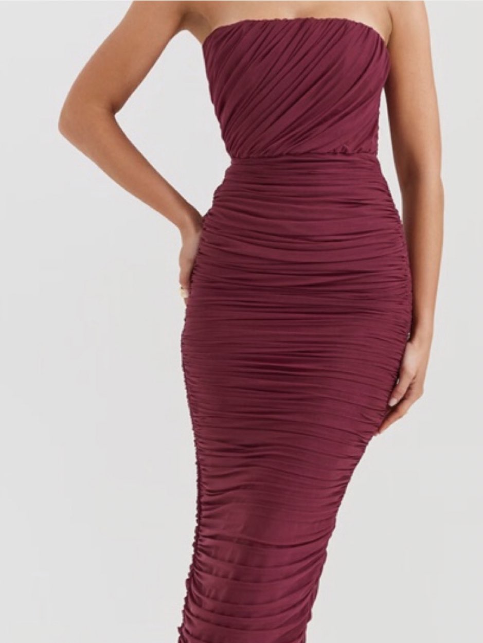 Burgundy Ruched Strapless Dress