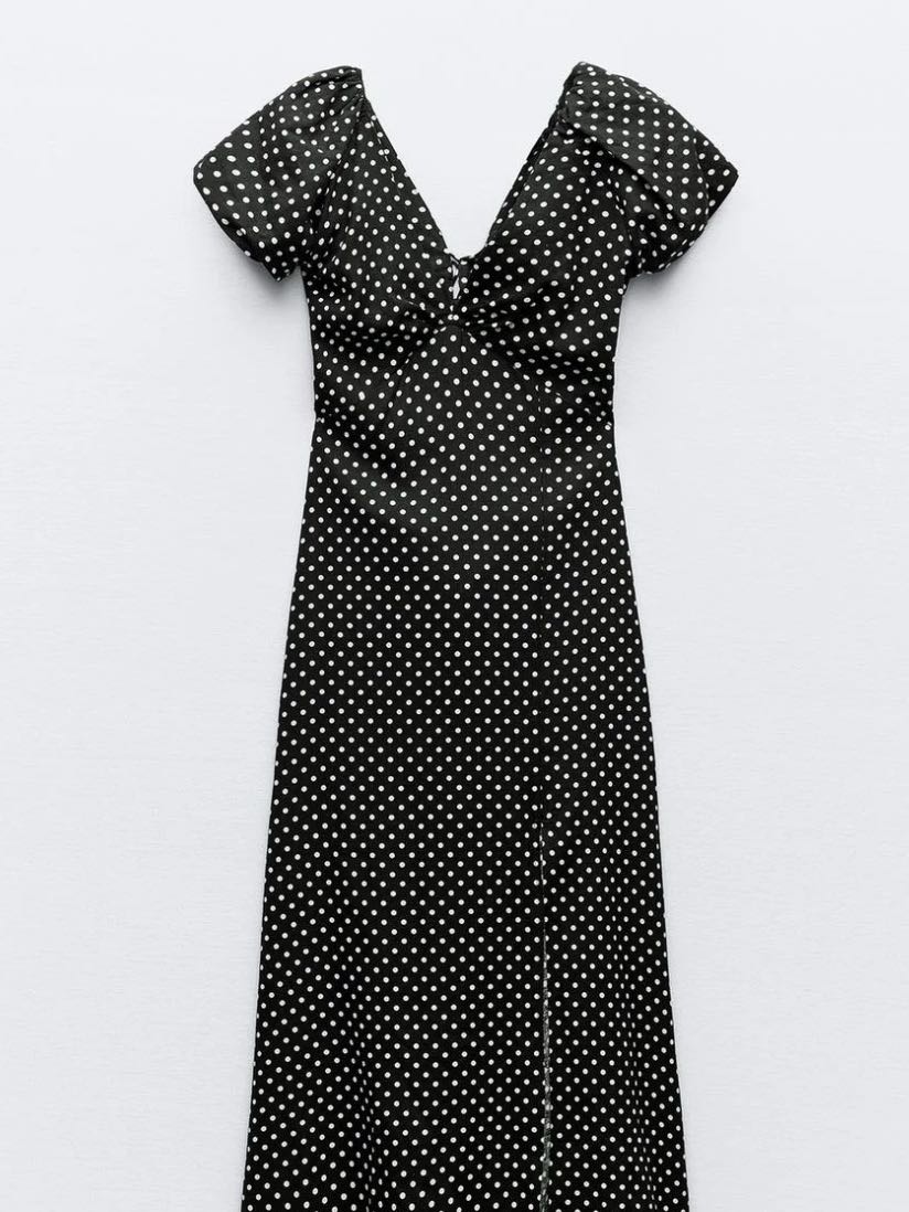 Zara Linen Blend Polka Dot Midi Dress