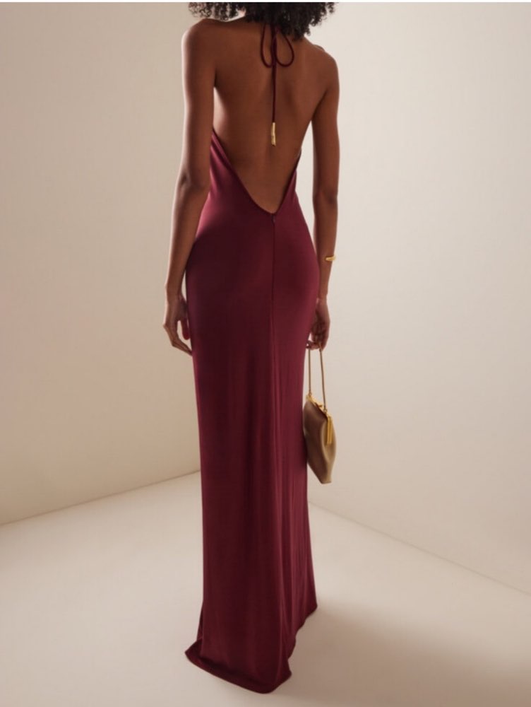 Burgundy Halter Deep V Maxi Dress with Gold Buckle