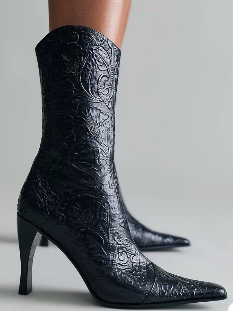 Black Embossed Heeled Boots