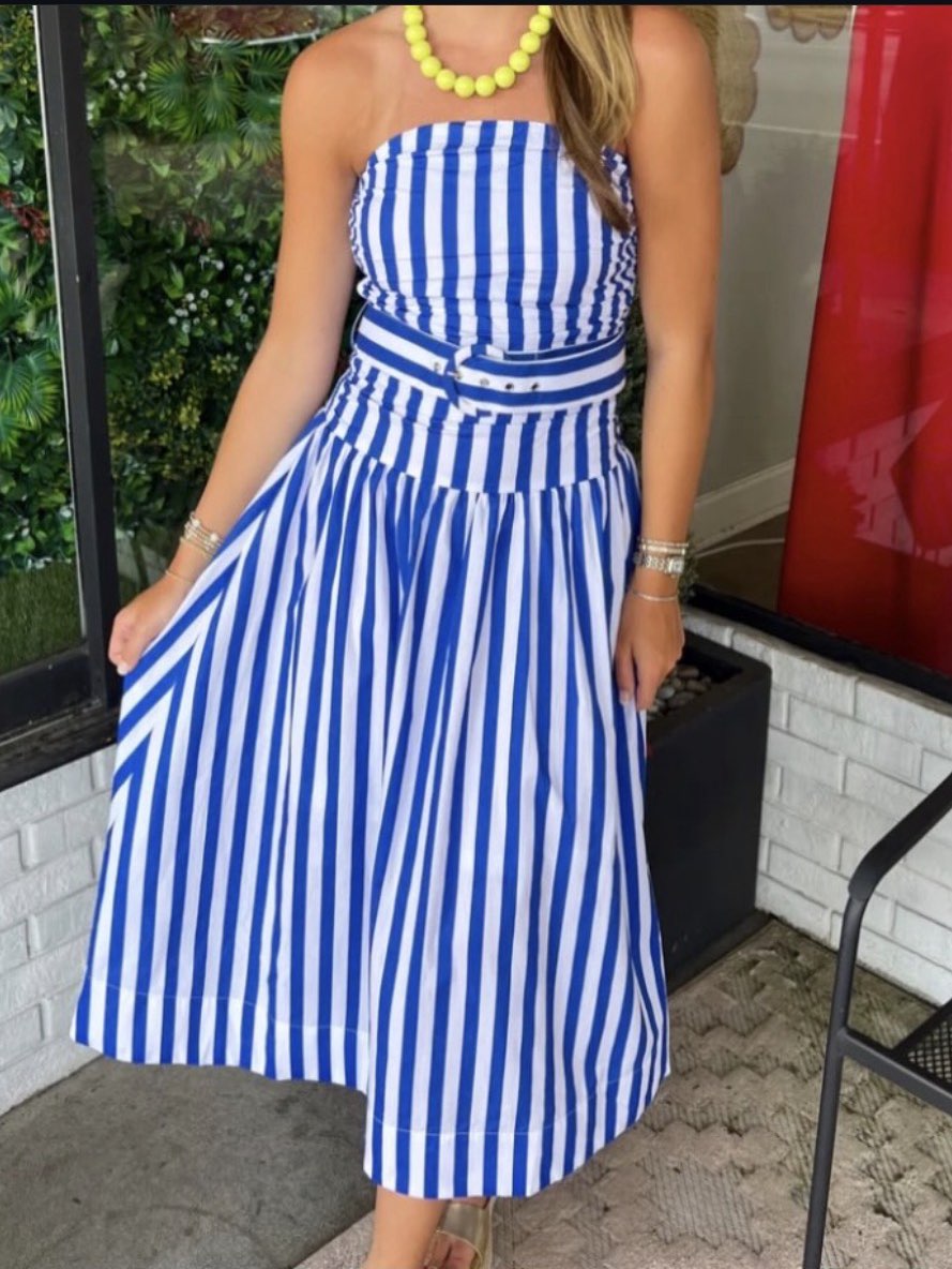 Blue and White Striped Strapless Midi Dress