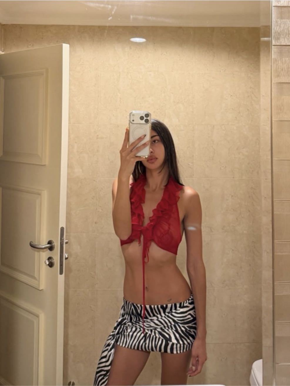 Red Ruffle Mesh Halter Top