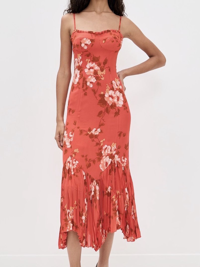 Red Floral Pleated Midi Dress