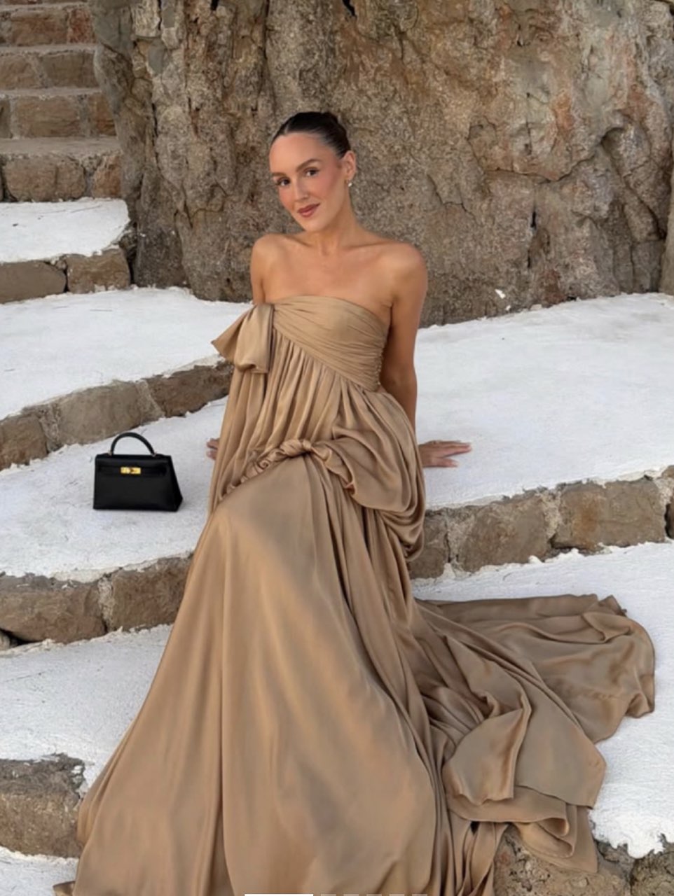 Bronze Draped Strapless Gown