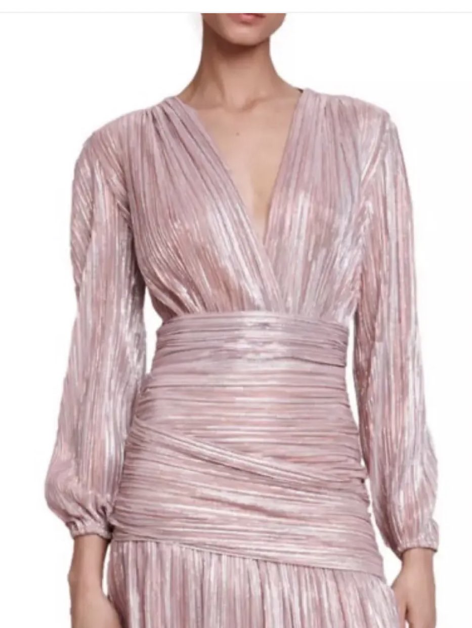 Metallic Pleated Deep V-Neck Mini Dress