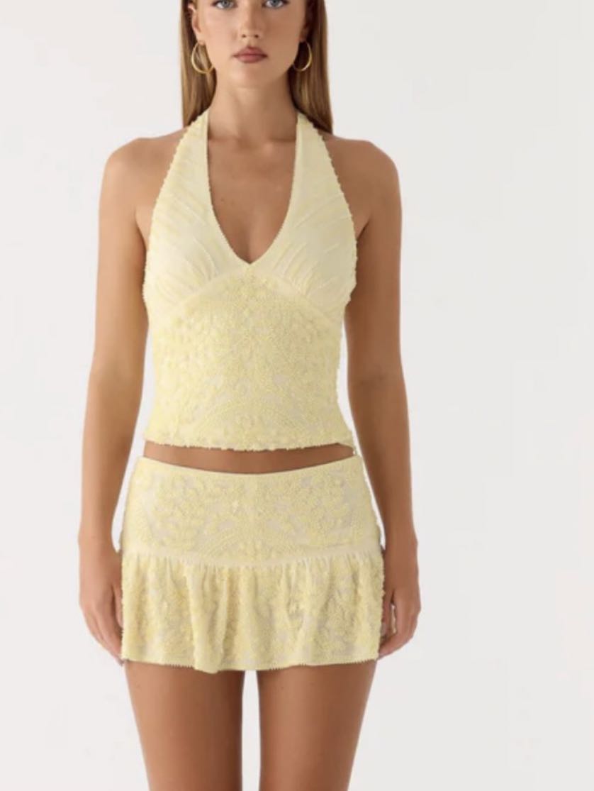 Yellow Crochet Halter Top and Mini Skirt Set