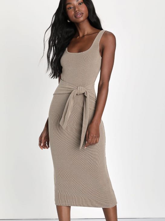 Optimistic Essence Taupe Ribbed Knit Tie-Front Midi Dress