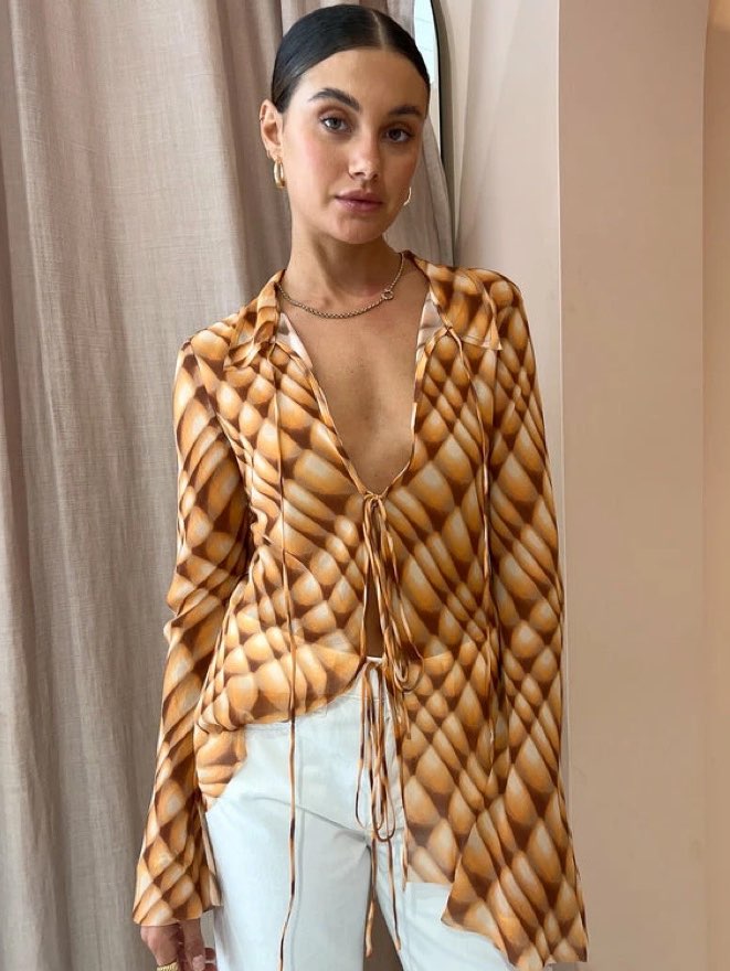 Orange and Brown Geometric Tie-Front Top