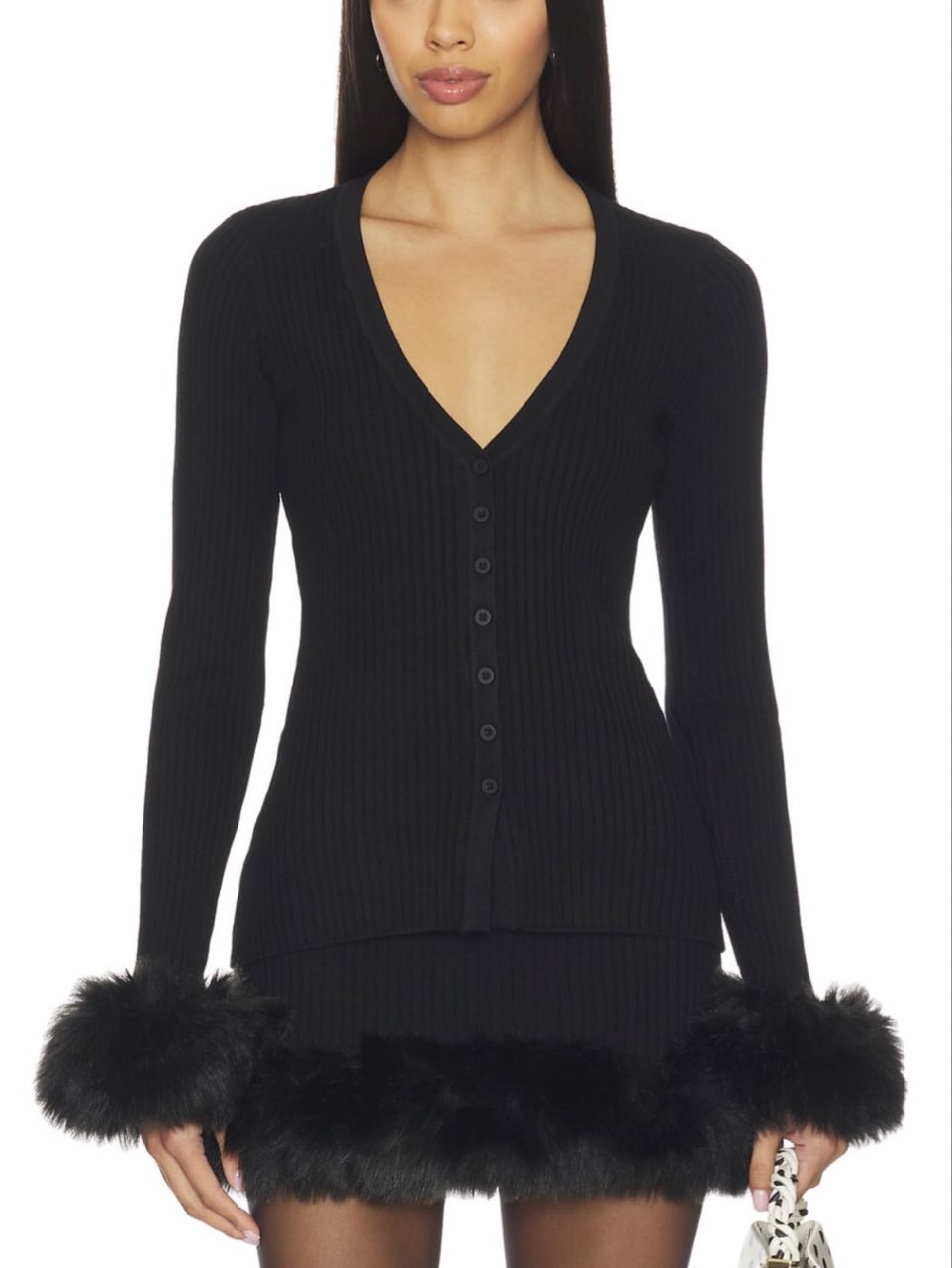 Black Faux Fur Trim Dress Set