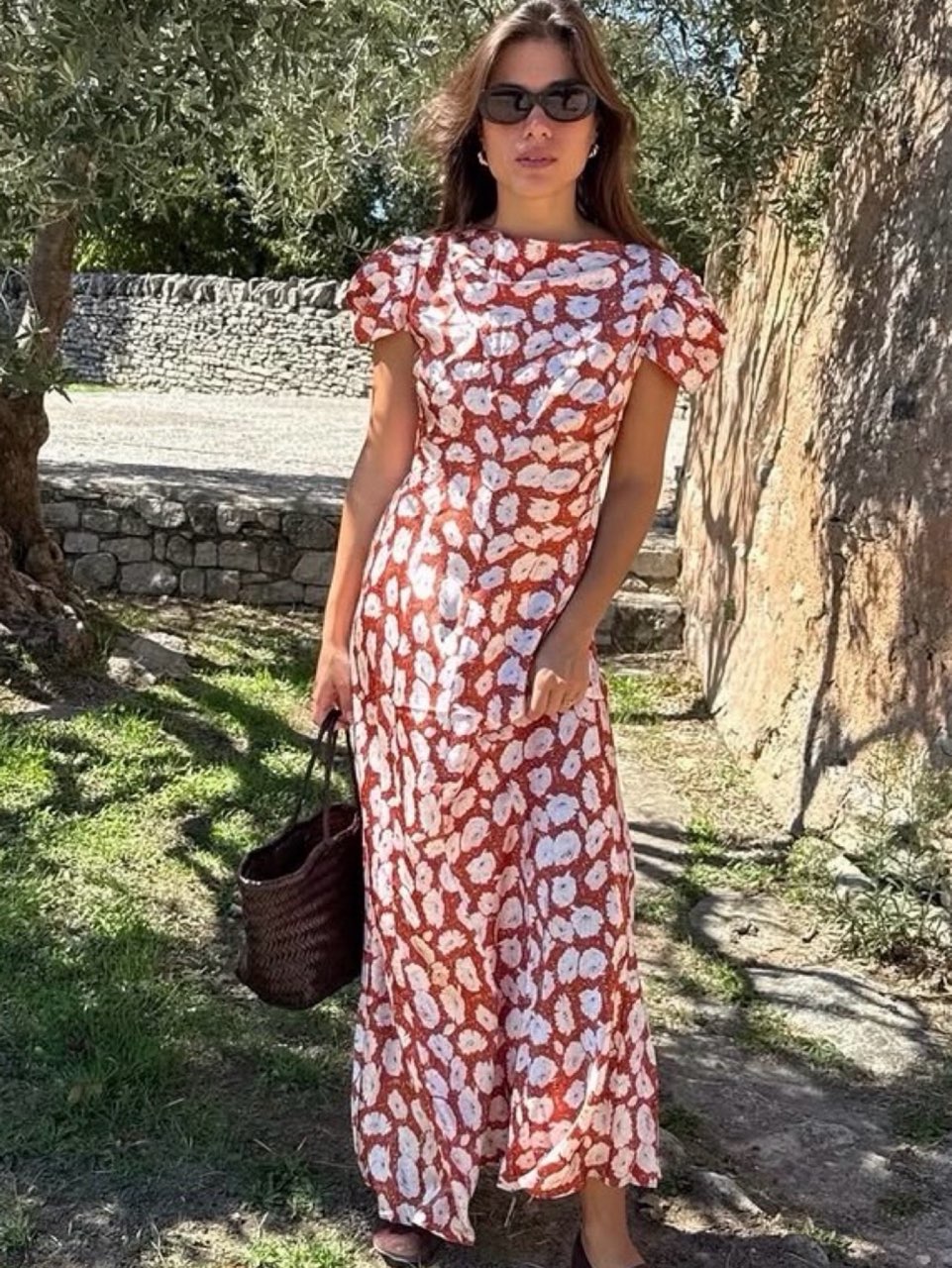Rust Floral Puff Sleeve Midi Dress