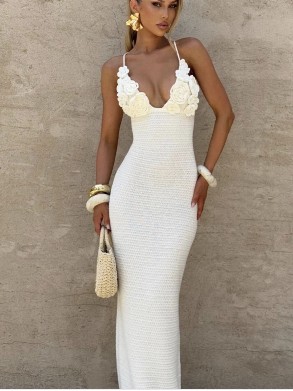 White Crochet Lace-Up Maxi Dress