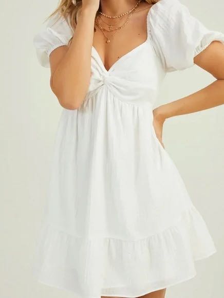 puff sleeved white babydoll mini dress