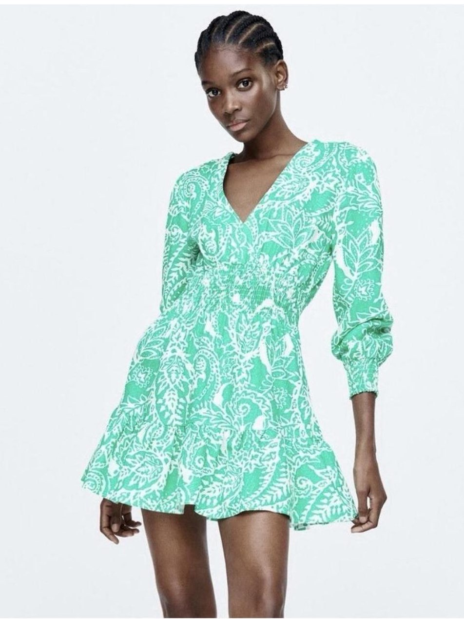Zara Green and White Floral Mini Dress