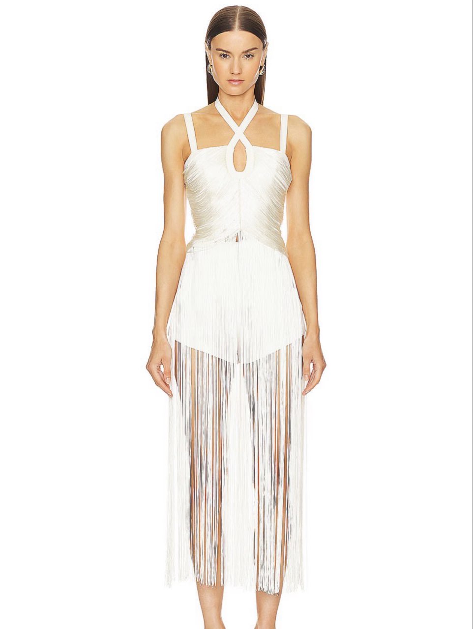 White Halter Fringe Gown