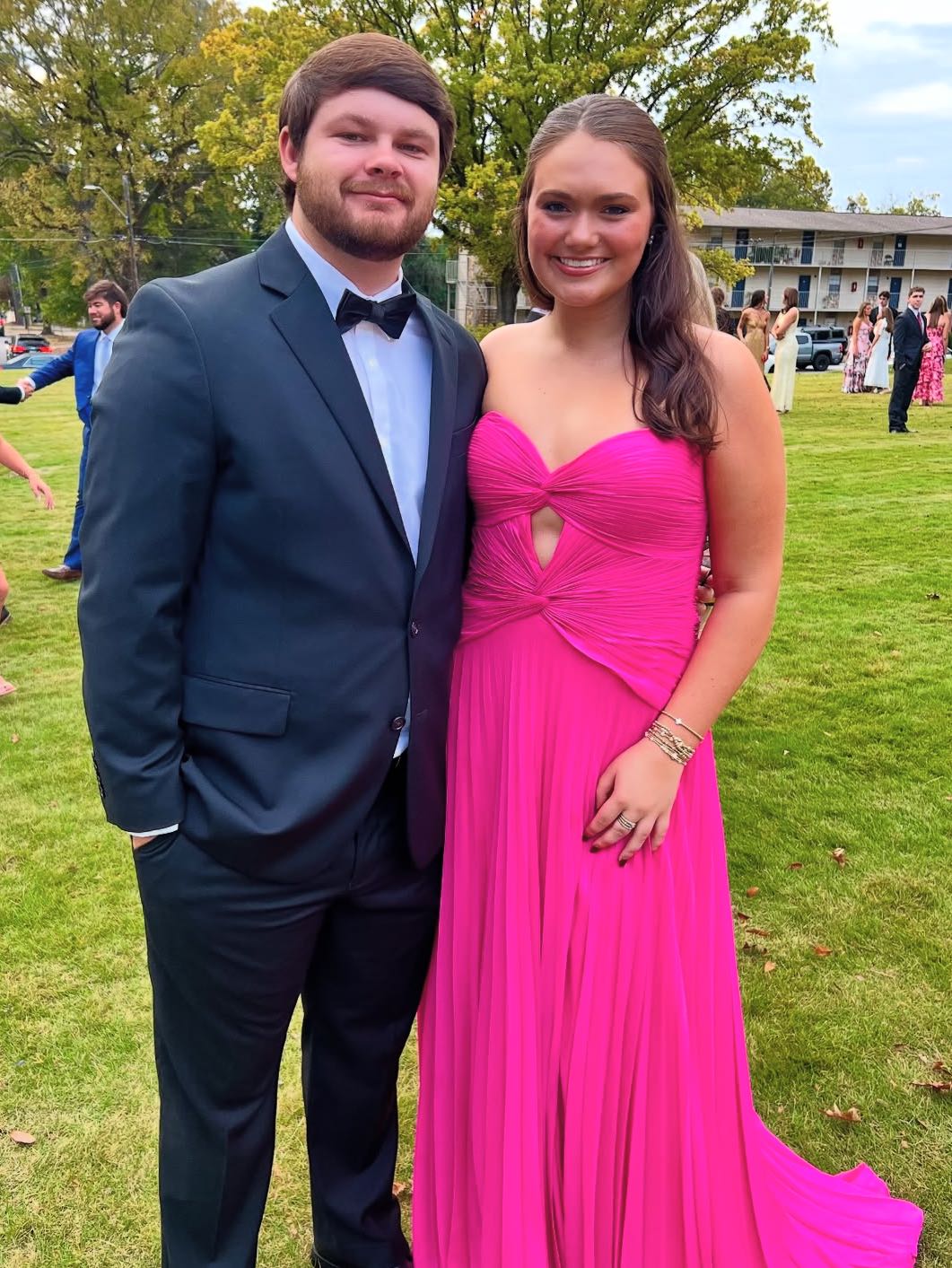 Strapless pleated hot pink dress