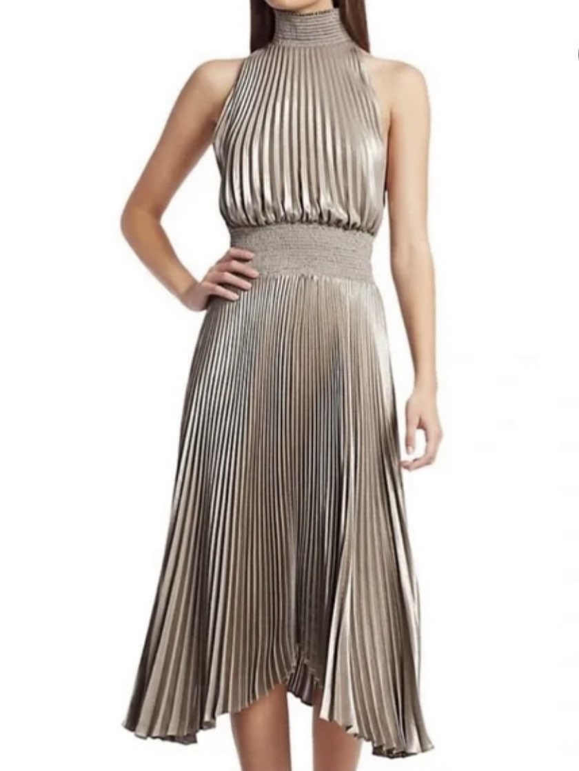 Metallic Pleated Halter Midi Dress