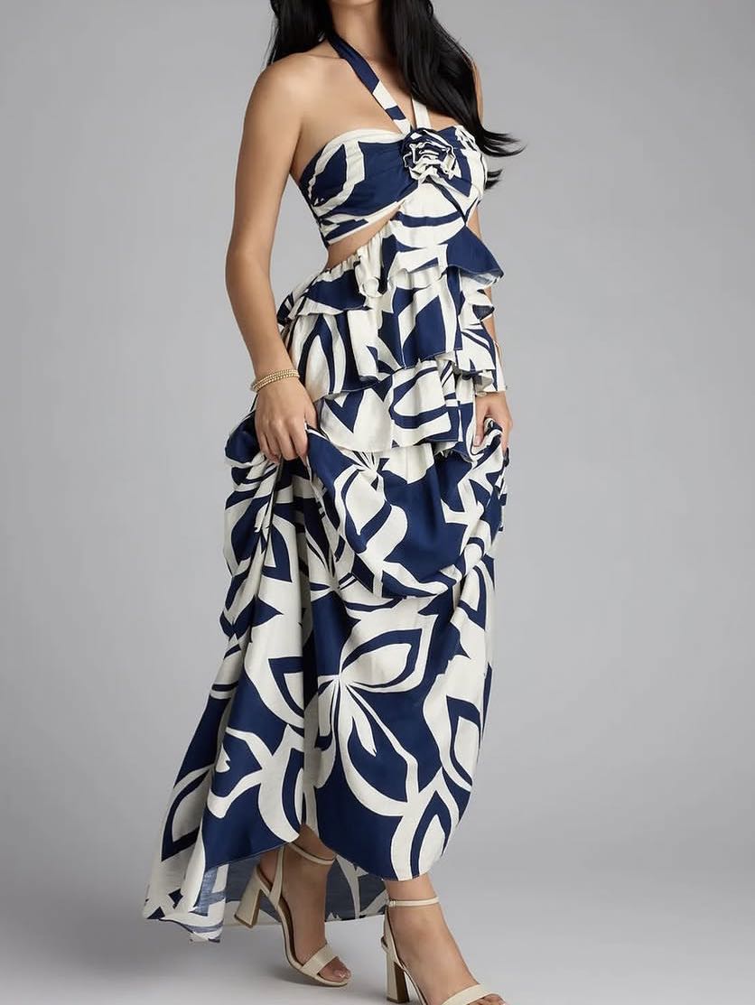 Navy and White Halter Maxi Dress
