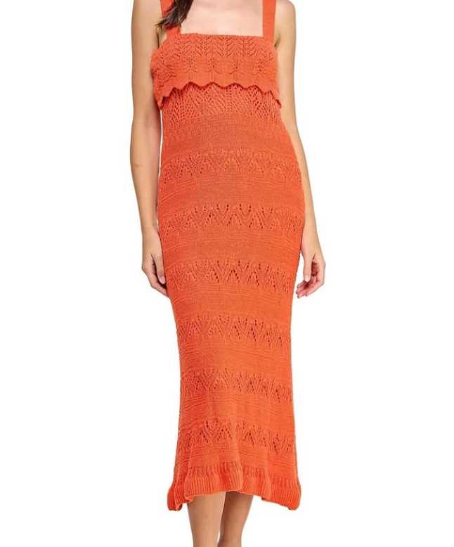 Orange Crochet Knit Midi Dress