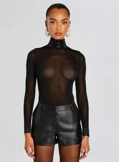 AREA Black Sheer Rhinestone Turtleneck Top