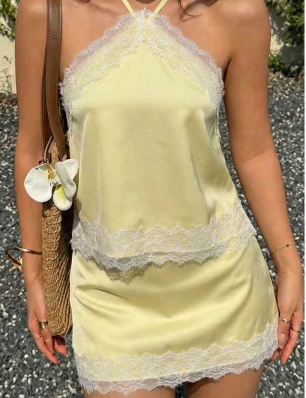 Lace Trim Satin Halter Top and Mini Skirt Set