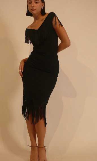 Black Fringe Off-Shoulder Midi Dress