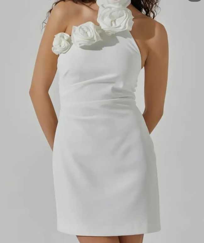 White Halter Mini Dress with Floral Appliques