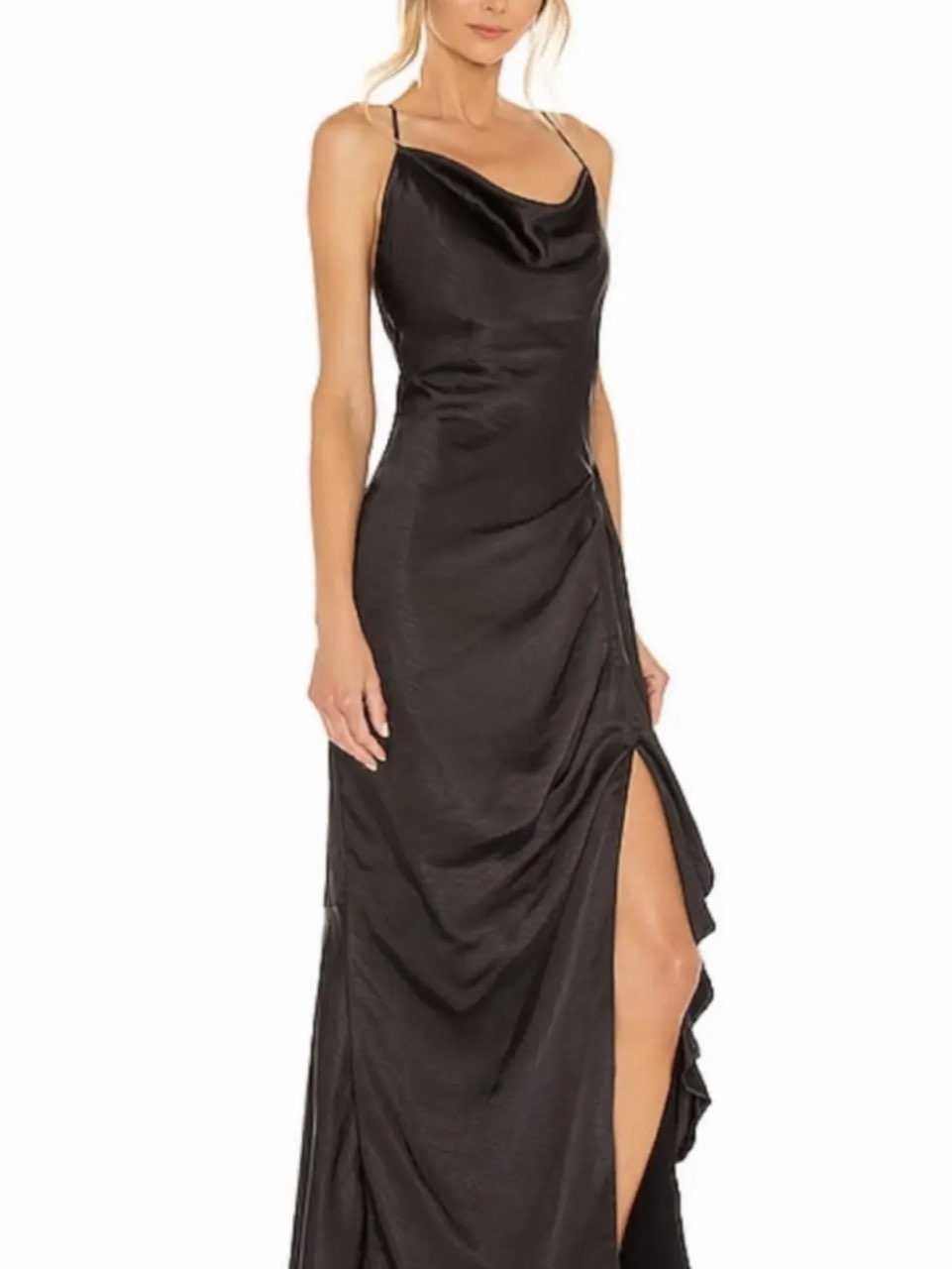 Black Satin Cowl Neck Slit Gown