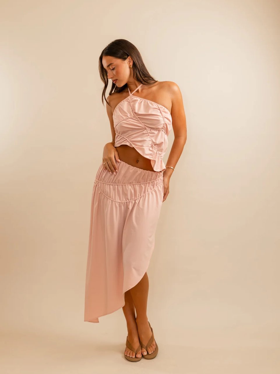 Pink Ruched Halter Top & Asymmetrical Skirt Set