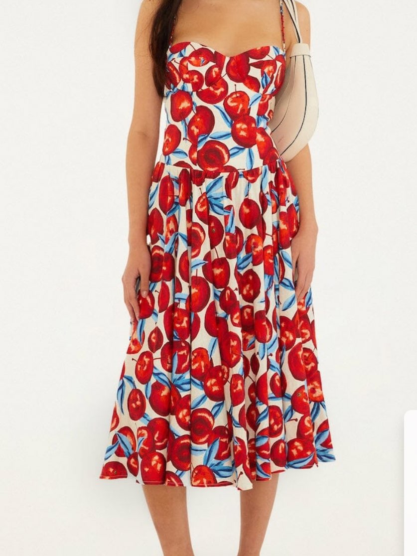 Farm Rio blue and red cherry dress