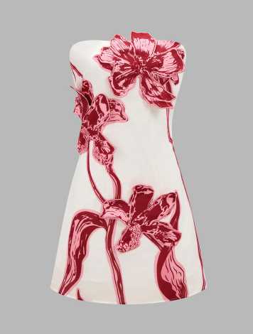 Pink and Red Floral Strapless Mini Dress