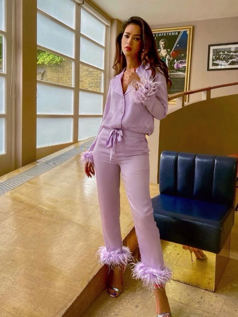 Lavender Feather Trim Lounge Set