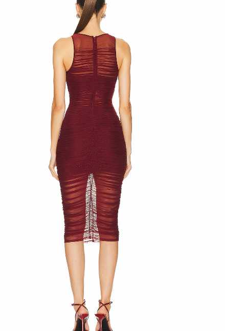 Burgundy Ruched Mesh Midi Dress