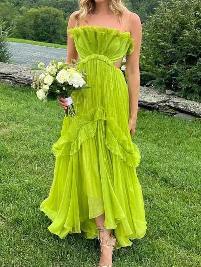 Lime Green Pleated Ruffle Maxi Dress