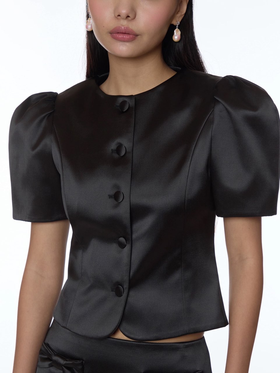 Black Satin Puff Sleeve Button-Front Top