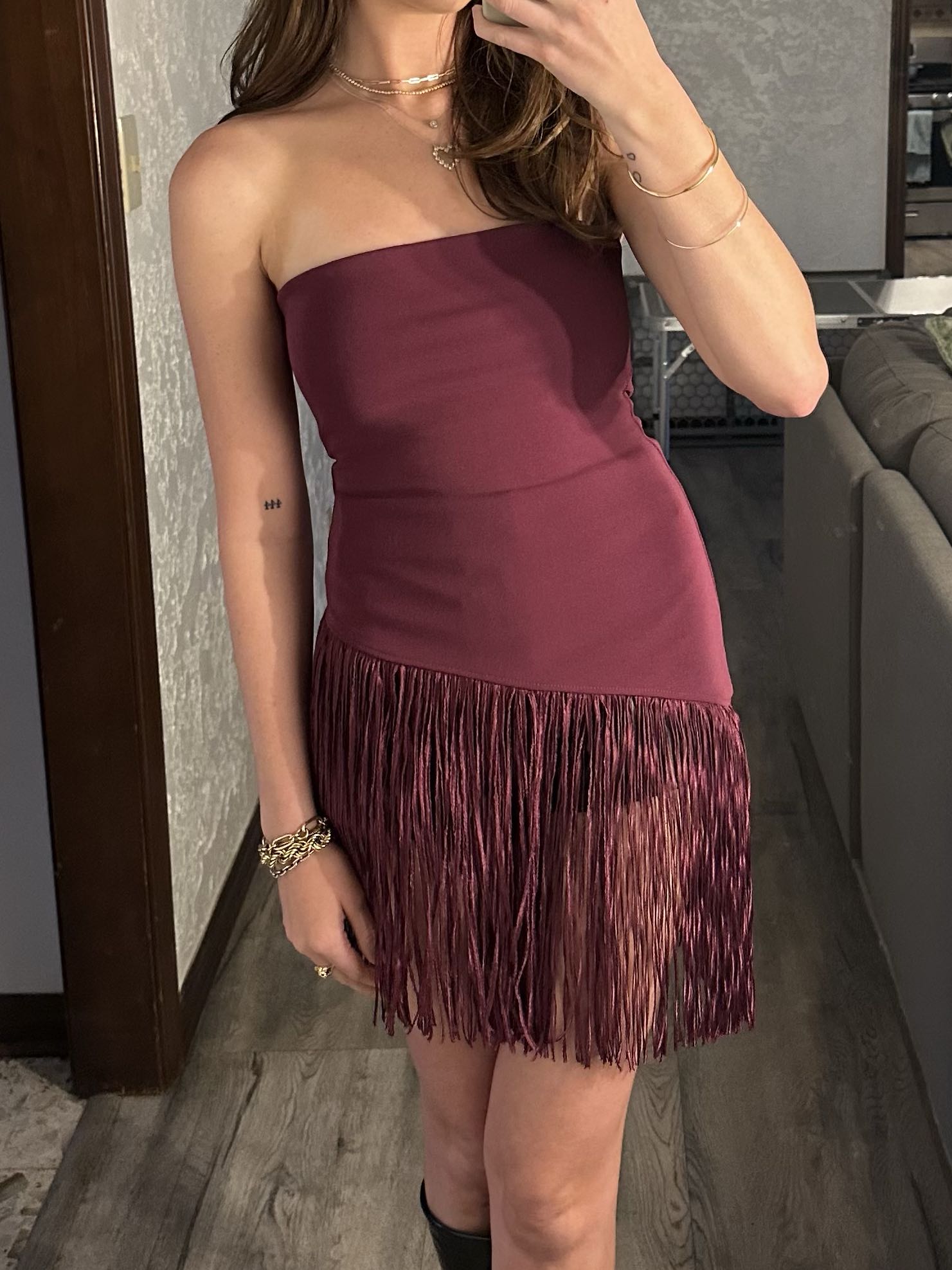 Strapless fringe top