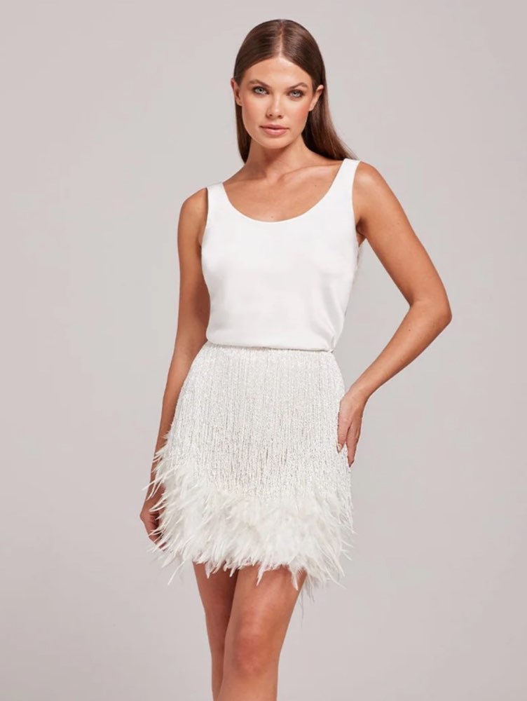 White Beaded Fringe Feather Mini Skirt